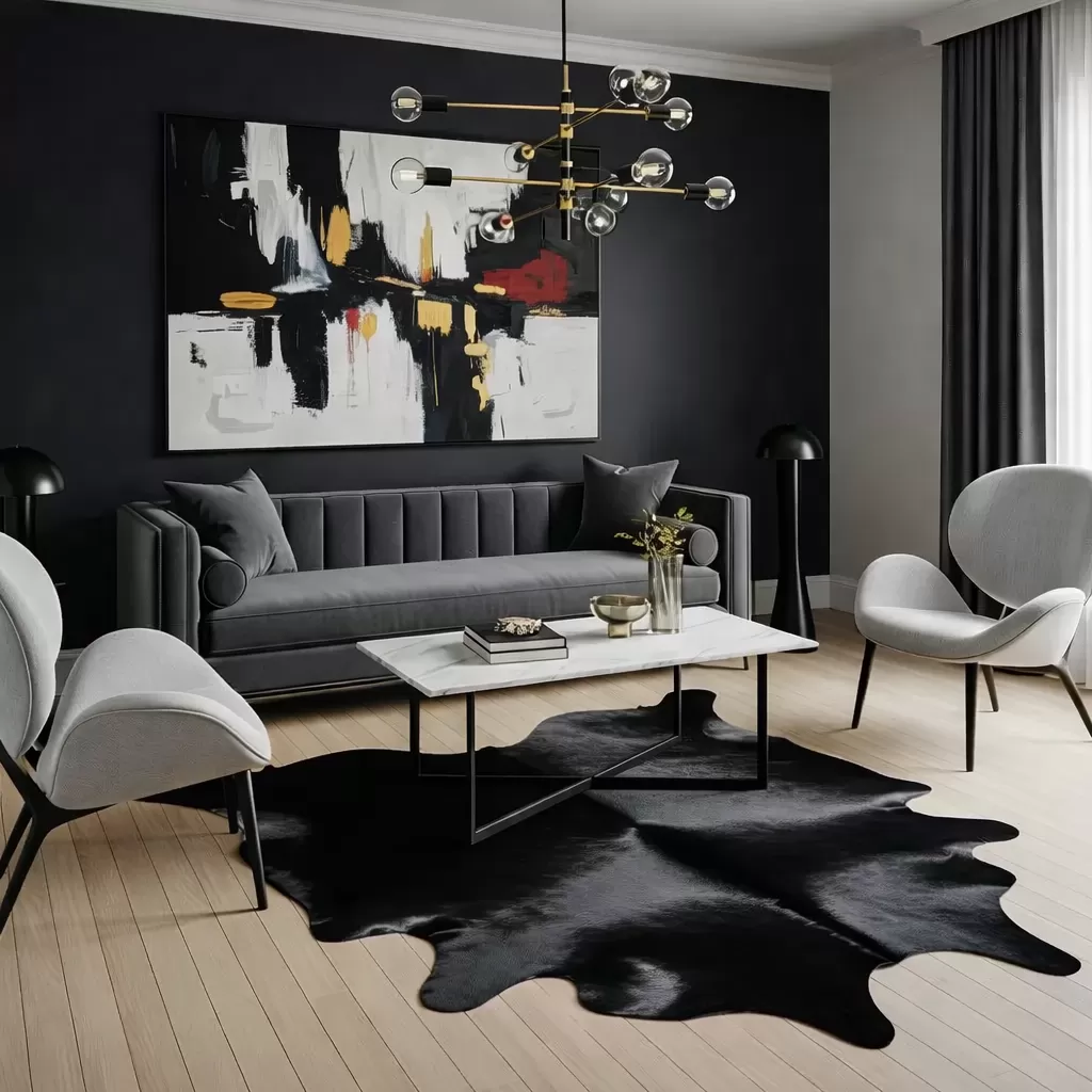 Black cowhide rug in living room