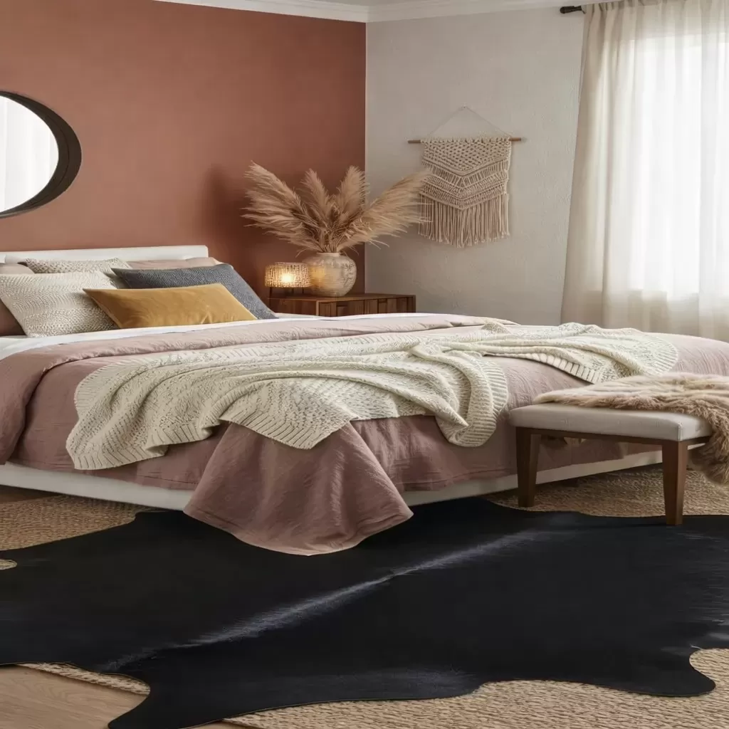 Black cowhide rug in home office