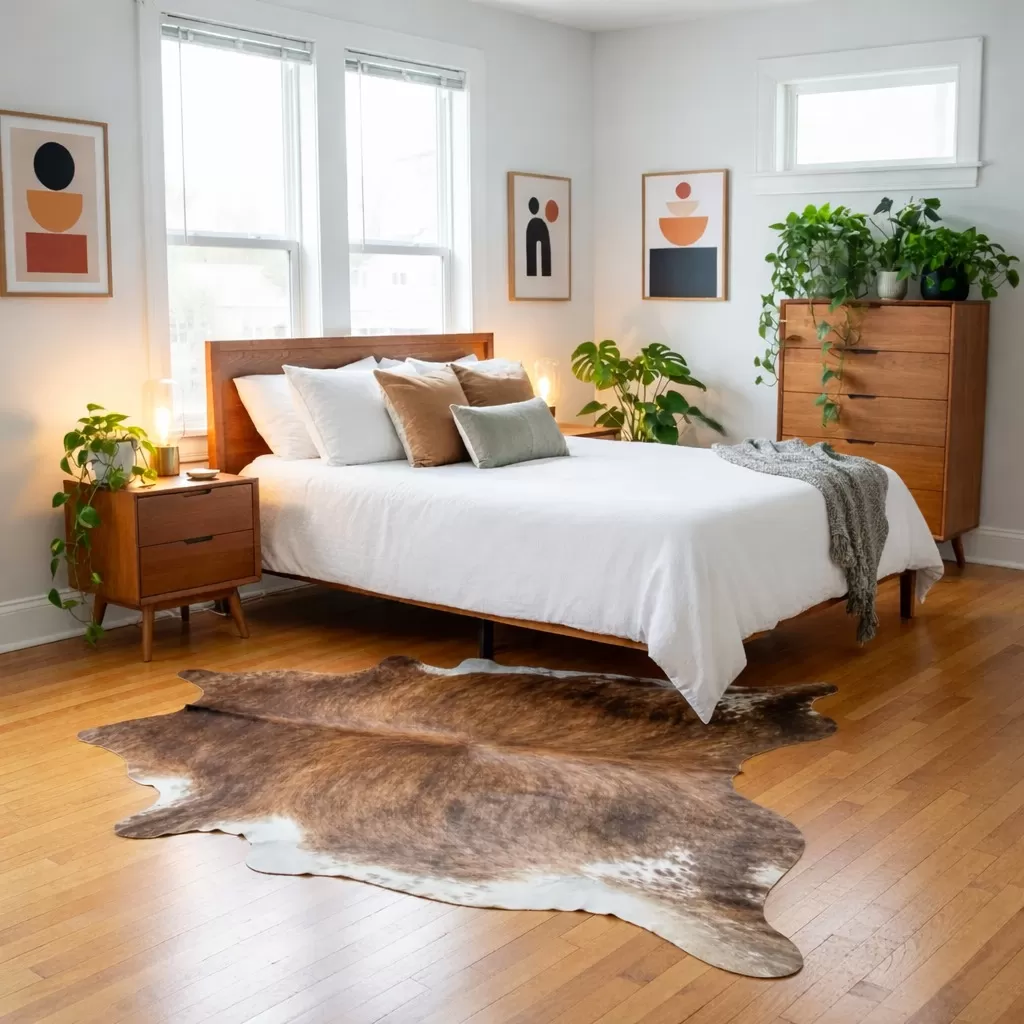 Black cowhide rug in living room