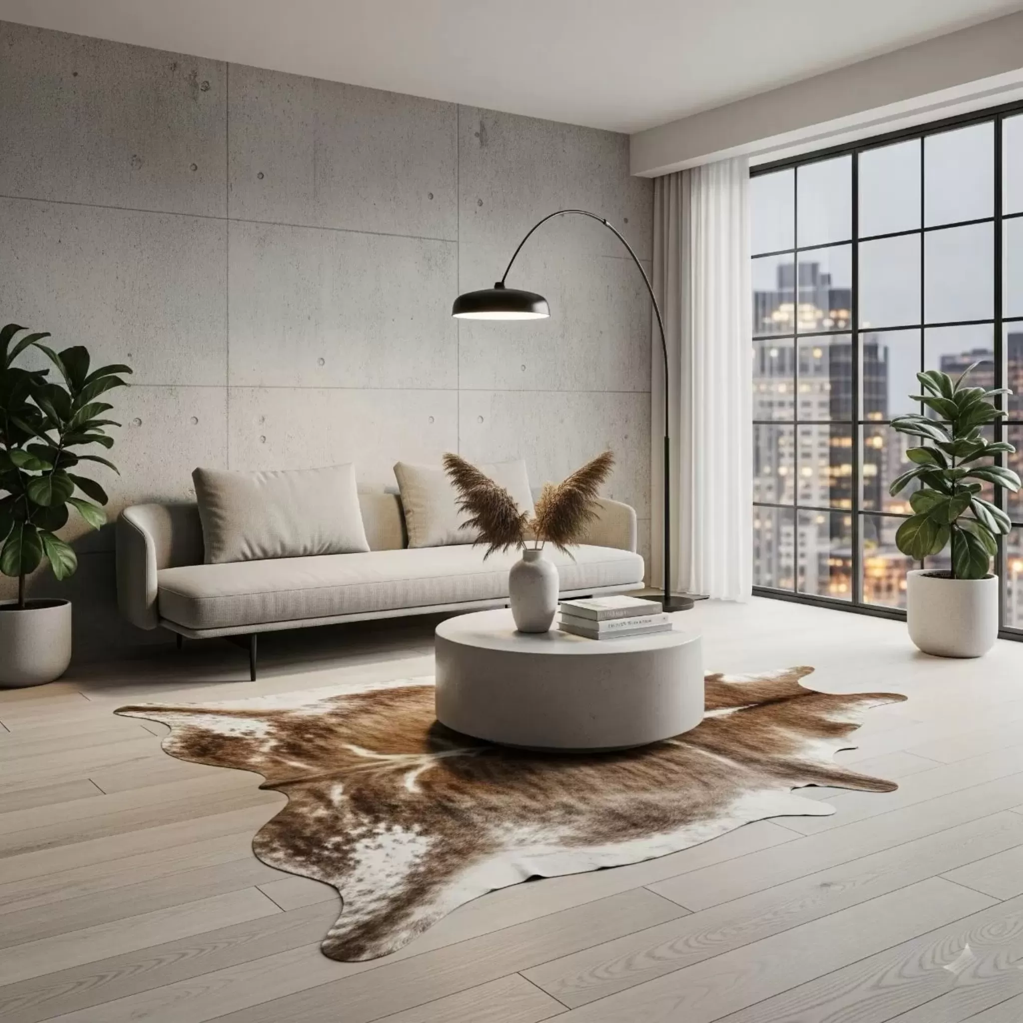 Black cowhide rug in home office
