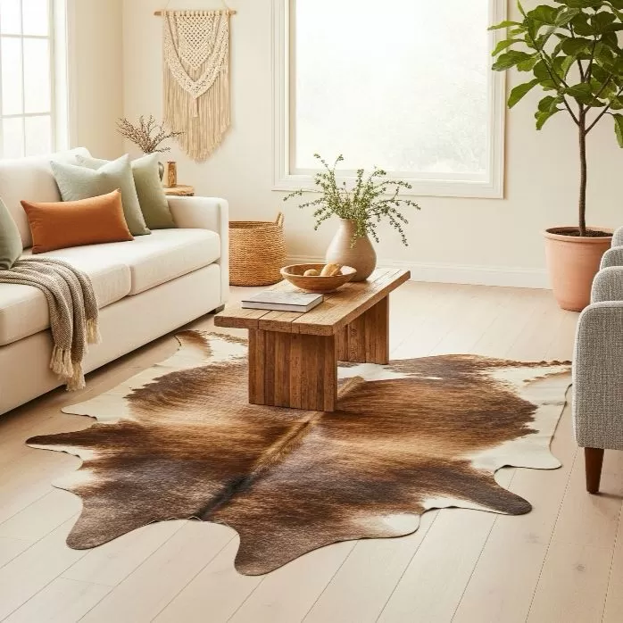 Black cowhide rug in bedroom