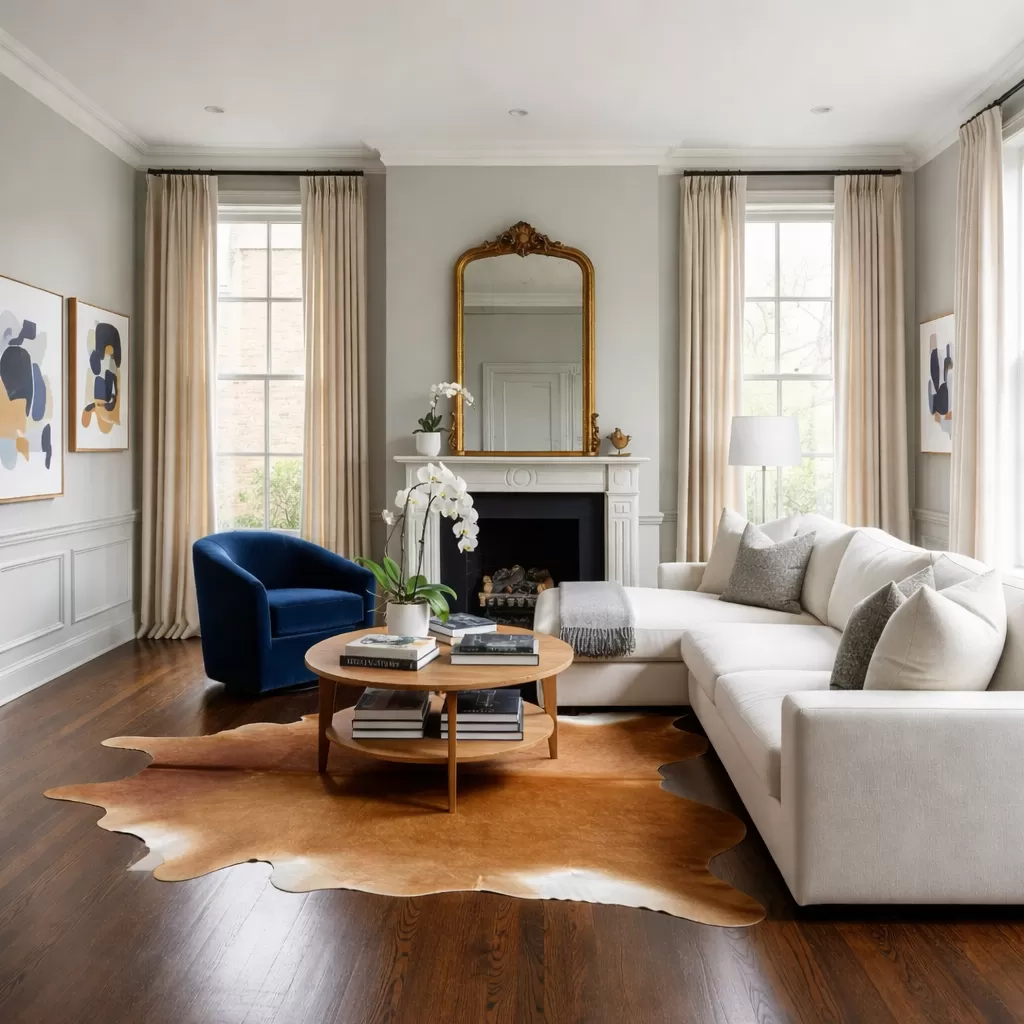 Brown cowhide rug in a refined living room
