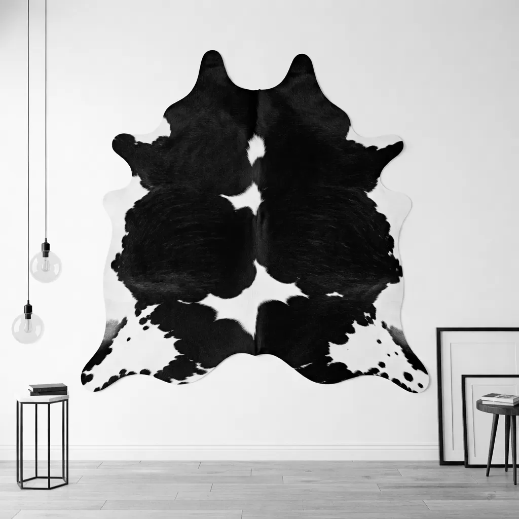 Black cowhide rug in home office