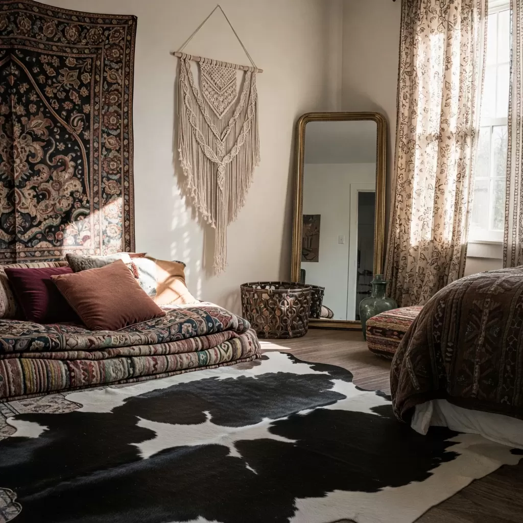 Black cowhide rug in living room