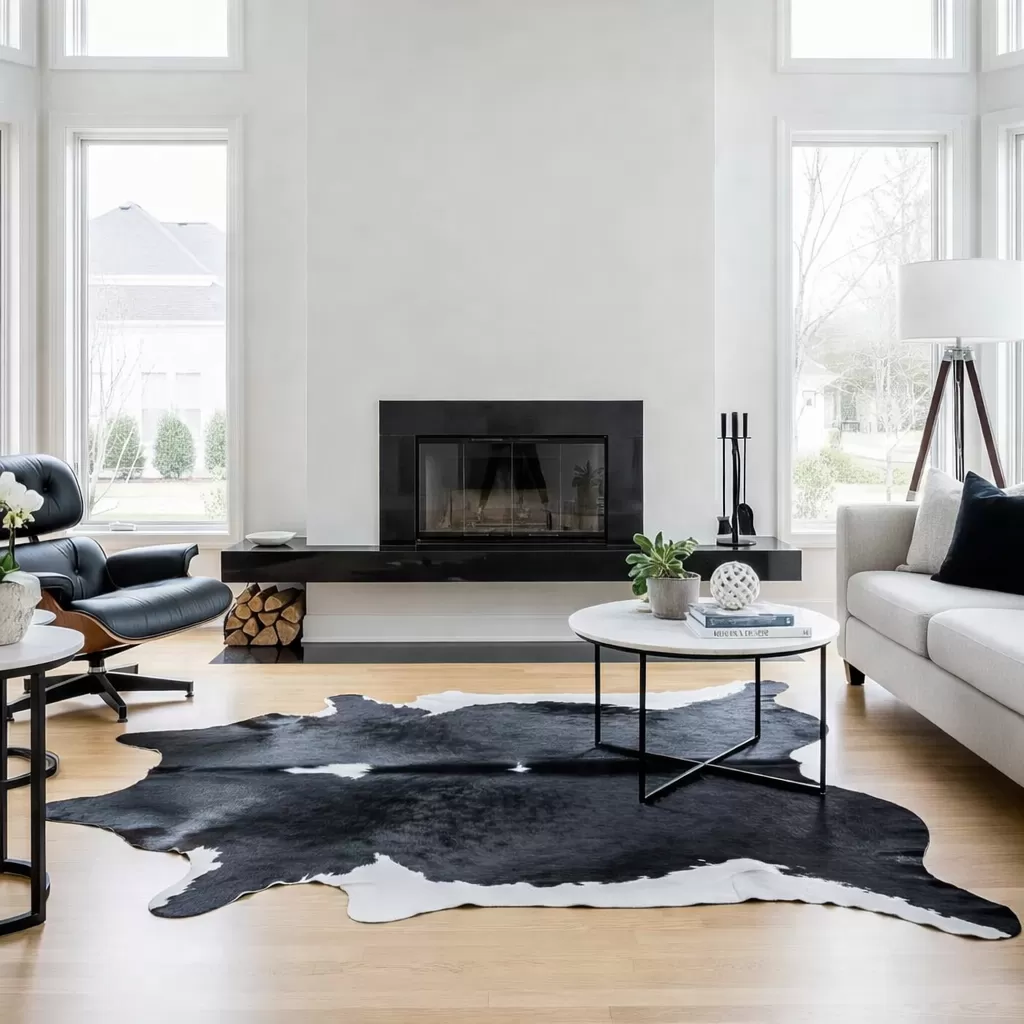 Black cowhide rug in bedroom