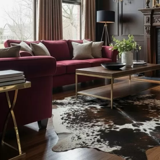 Brown cowhide rug in a refined living room